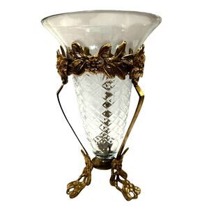 Intricate Ornate Floral Brass Stand Diamond Pattern Clear Glass Flared Cone